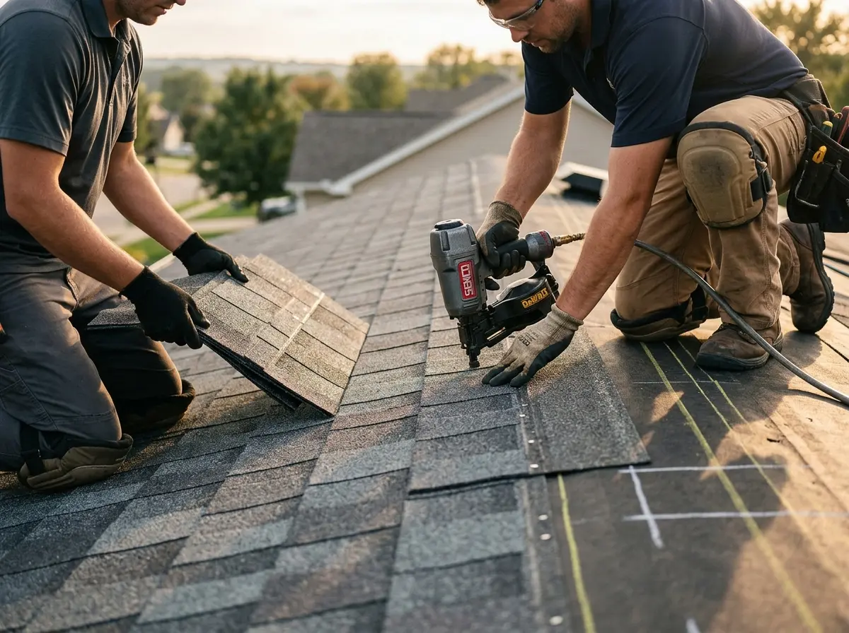 Professional roofer working on a residential roof in Mundy